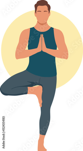 Yoga practice with male figure in Vrikshasana
