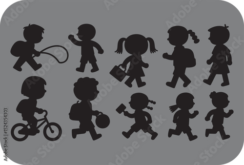 Silhouette Illustration of Diverse Children Engaging in Various Activities Against a Gray Background Demonstrating Childhood Playfulness and Energetic Movement This image showcases