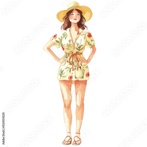 Watercolor illustration of a woman in floral romper and straw sunhat