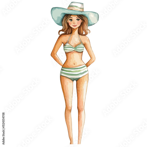 Watercolor Illustration of a Woman in Striped Bikini and Sun Hat