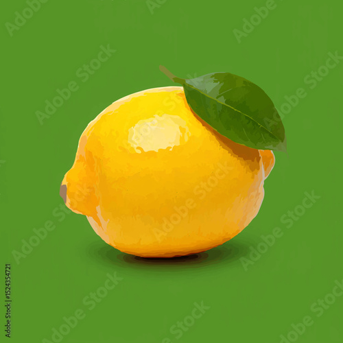Lemon with Leaf Isolated on Green Background

