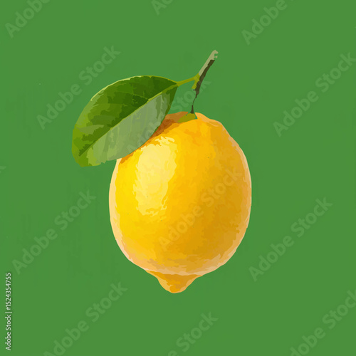 Lemon with Leaf Isolated on Green Background

