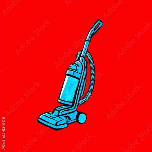Blue Vacuum Cleaner Stands on Red Background

