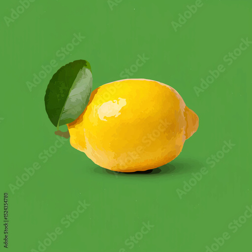 Lemon with Leaf Isolated on Green Background

