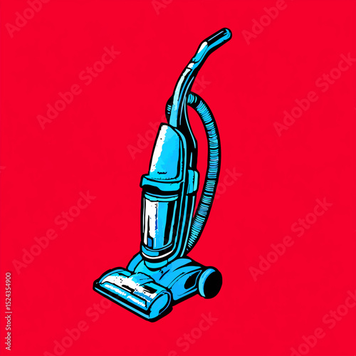 Blue Vacuum Cleaner Stands on Red Background

