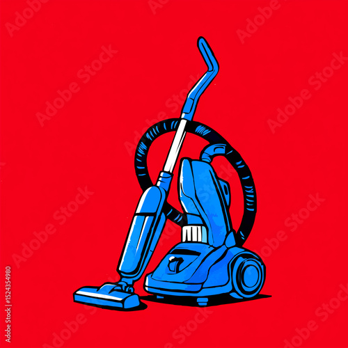 Blue Vacuum Cleaner Stands on Red Background

