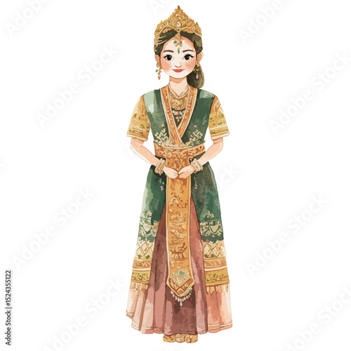 Watercolor illustration of a woman in traditional Balinese dress with golden headdress
