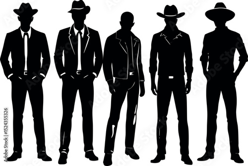 Silhouette illustration of five men in various styles and clothing choices
