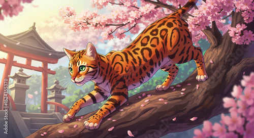 Anime-style illustration of Bengal cat climbing sakura tree in dynamic pose with vibrant colors, expressive eyes, and soft background blur in Japanese animation aesthetic