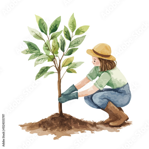 Watercolor illustration of a woman planting a young tree with care