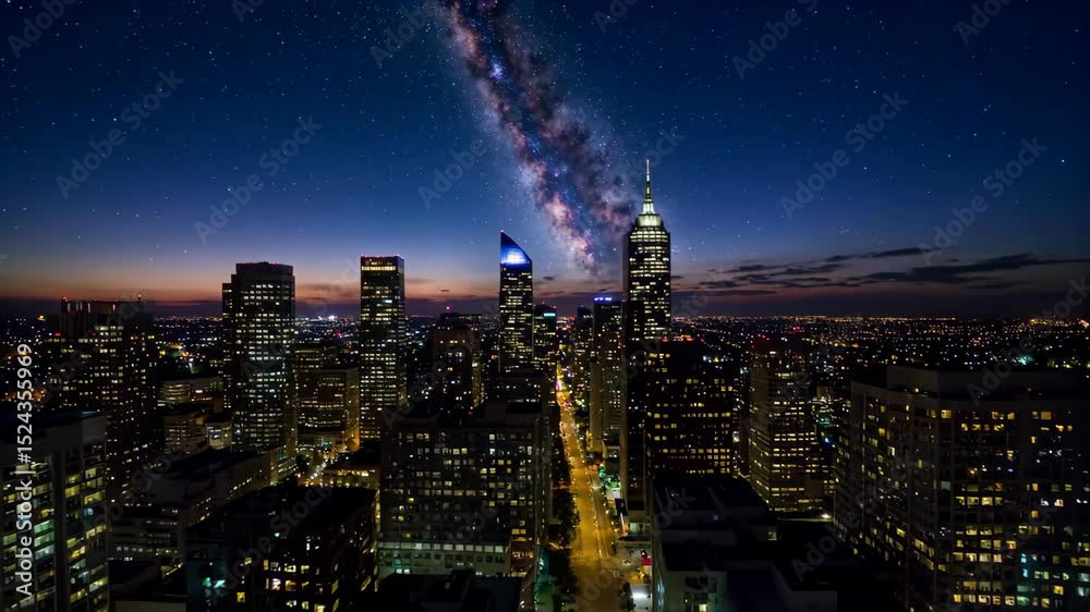 night time view of a city with a very long streak of light