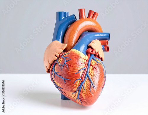 An anatomical model of the human heart rests on a clean surface, emphasizing medical education and understanding of the body.