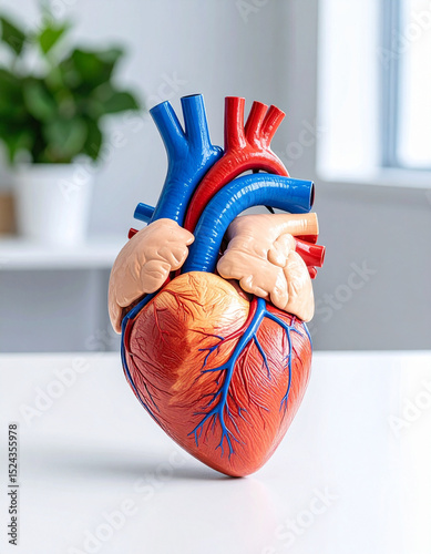 An anatomical model of the human heart rests on a clean surface, emphasizing medical education and understanding of the body.