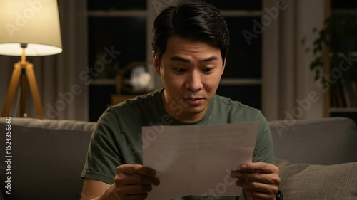 Young man reading a letter while sitting on a sofa at home  