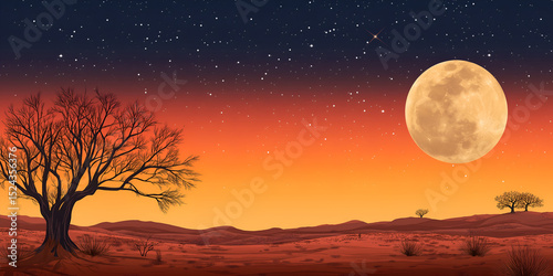 A landscape with a full moon rising over the horizon