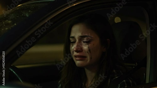 Young woman crying in car during nighttime with emotional distress  