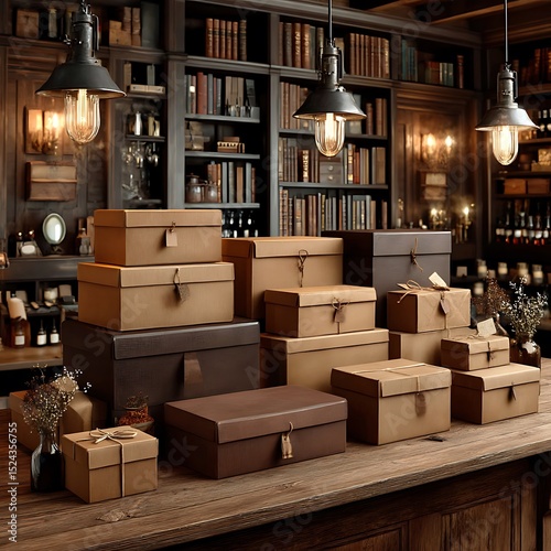 Elegant brown wrapping boxes with twine high resolution picture