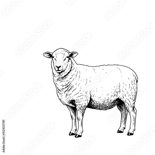 A black and white hand drawing Sheep, with a white background