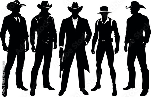 Silhouetted Western Outlaws Standing in a Row, Wearing Hats and Suits