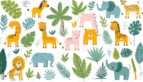 A whimsical collection of cartoon safari animals and tropical foliage, featuring giraffes, elephants, lions, a zebra, and hippos, rendered in a bright, cheerful style against a white background