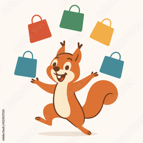 Cartoon squirrel juggling colorful shopping bags happily  