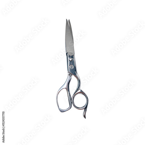 Silver stainless steel scissors with a sharp blade and ergonomic handle, ideal for crafting, sewing, or office use, isolated on a white background