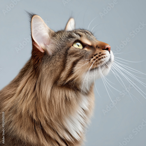 Close-up profile of a fluffy tabby Maine Coon cat looking up.