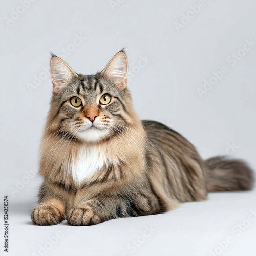 Fluffy tabby Maine Coon cat lying on grey background.