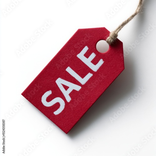 Red sale tag on twine whispers holiday shopping euphoria, Cyber Monday bonanza, and curious thrifty adventure beckons