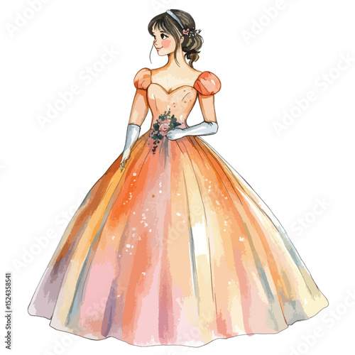 Watercolor illustration of a young woman in an orange ball gown with gloves