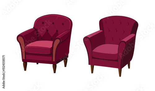 Two luxurious red leather armchairs and a blue armchair, comfortably designed for a stylish home interior, isolated on white