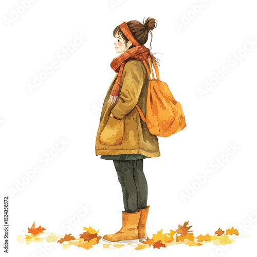 Watercolor illustration of a young woman in autumn attire with a backpack