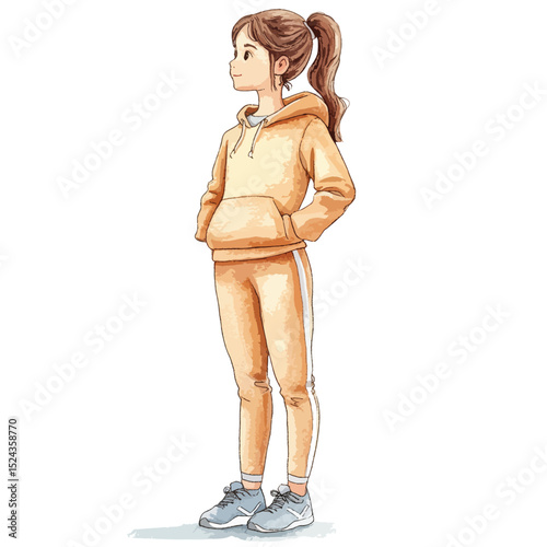Watercolor Illustration of a Young Woman in Sportswear Looking Away