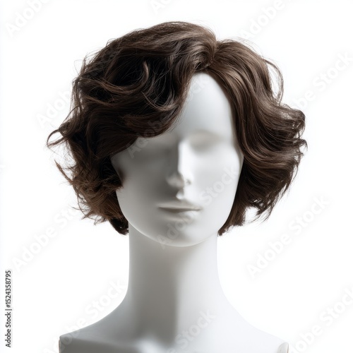 Mannequin donning elegant, tousled auburn wig, evoking Carnival of Brazil joy, masquerade festival mystery, lifeless allure unmasked