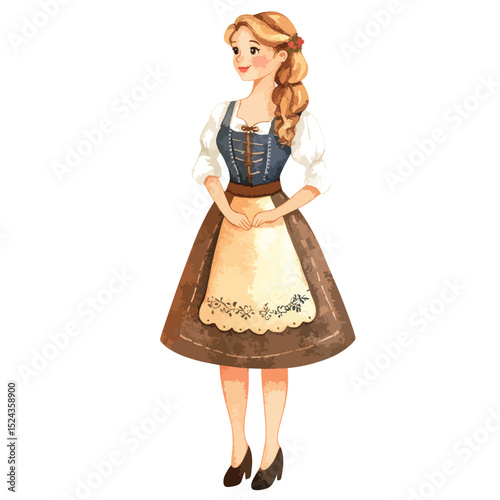 Watercolor Illustration of a Young Woman in Traditional German Dirndl Dress