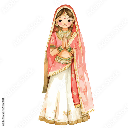 Watercolor Illustration of a Young Woman in Traditional Indian Wedding Attire