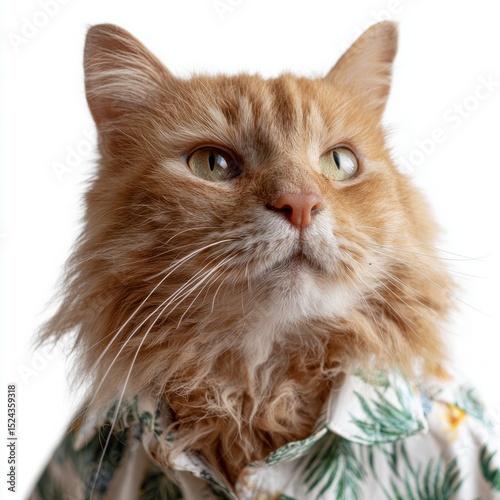 Fluffy ginger feline dons botanical shirt, channeling tropical escapades, embodying quirky Cat Day, and whimsical Fur-tastic Fest