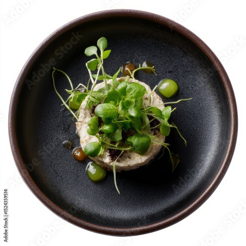 Succulent mushroom medallion crowned with verdant microgreens, embodying earthy elegance for Hautemans' Day, a gastronomic revelry of rare fungi