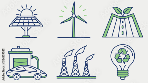 Green and Blue Renewable Energy Vector Icons with Wind Turbine and Transparent Background  