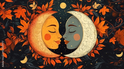 Artistic moon and sun faces in autumn leaves with night sky and stars