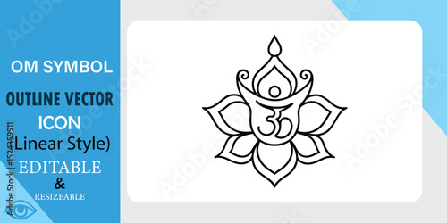 Linear style vector icon depicting Om symbol within a lotus flower. Clean, editable, and resizable outline design.