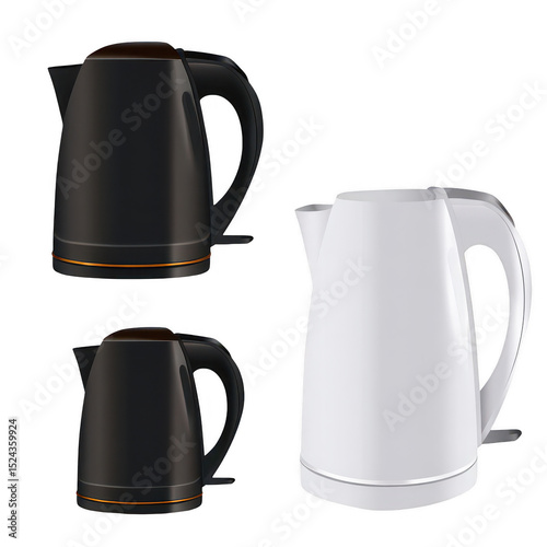 Modern Electric Kettles in Black and White Colors on a White Background for Kitchen and Home Use, Stylish and Functional Beverage Preparation Tools