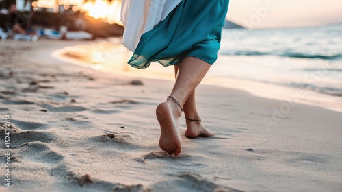 Barefoot woman walking on a beach at sunset