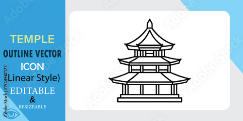 Linear style vector icon of an East Asian pagoda temple. Simple, clean outline design, easily editable and resizable.