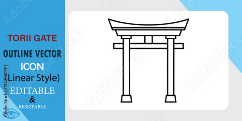 Linear style vector icon of a traditional Japanese torii gate. Editable and resizable outline design, perfect for digital projects.