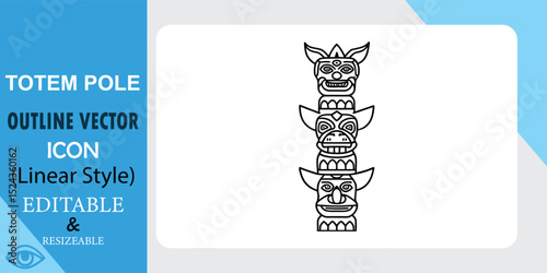 A linear style vector icon depicting a totem pole with three carved faces. Its an editable and resizable outline design