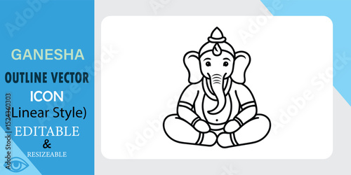 Ganesh Outline Vector Icon Linear Style, Editable, Resizable, Hindu God
