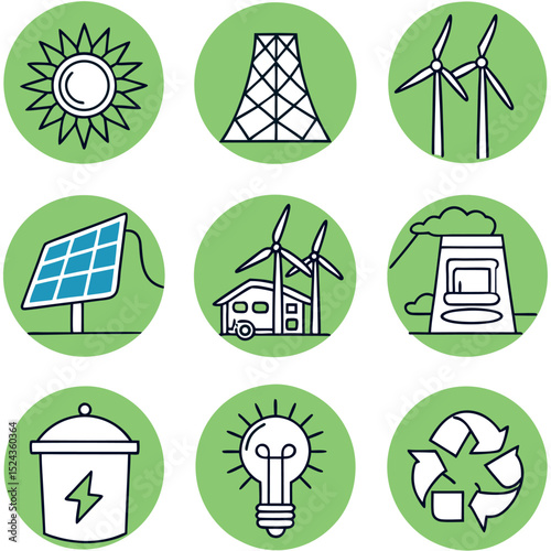 Green and Blue Vector Icons for Renewable Energy with Solar Panel and Wind Turbine Art  