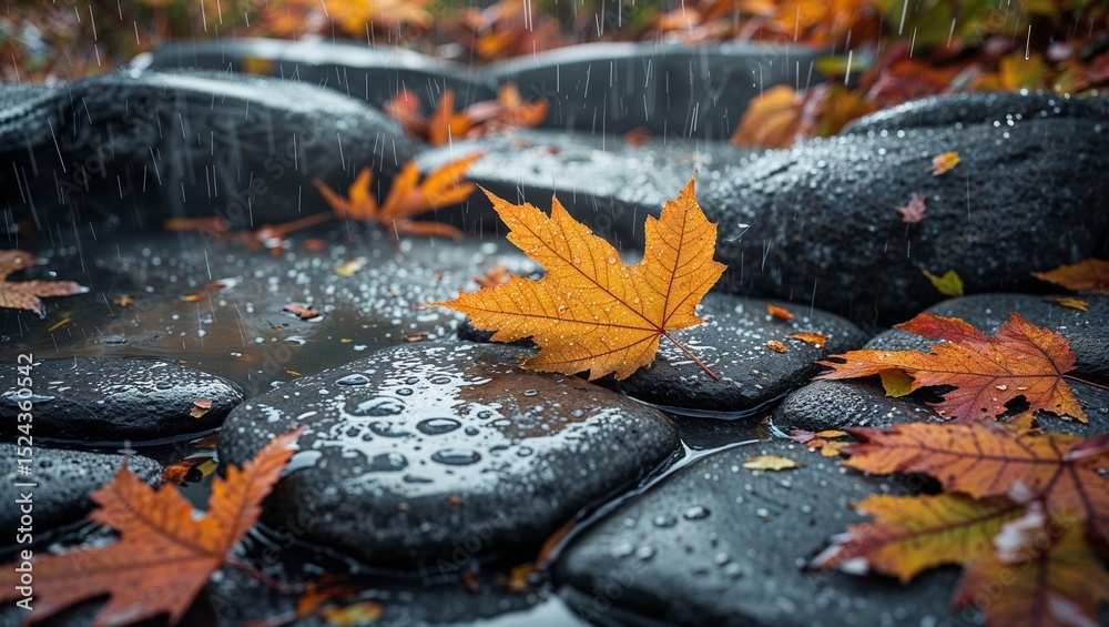 Fototapeta premium Golden autumn foliage blankets the forest floor and floats on the water, painting a vibrant natural landscape