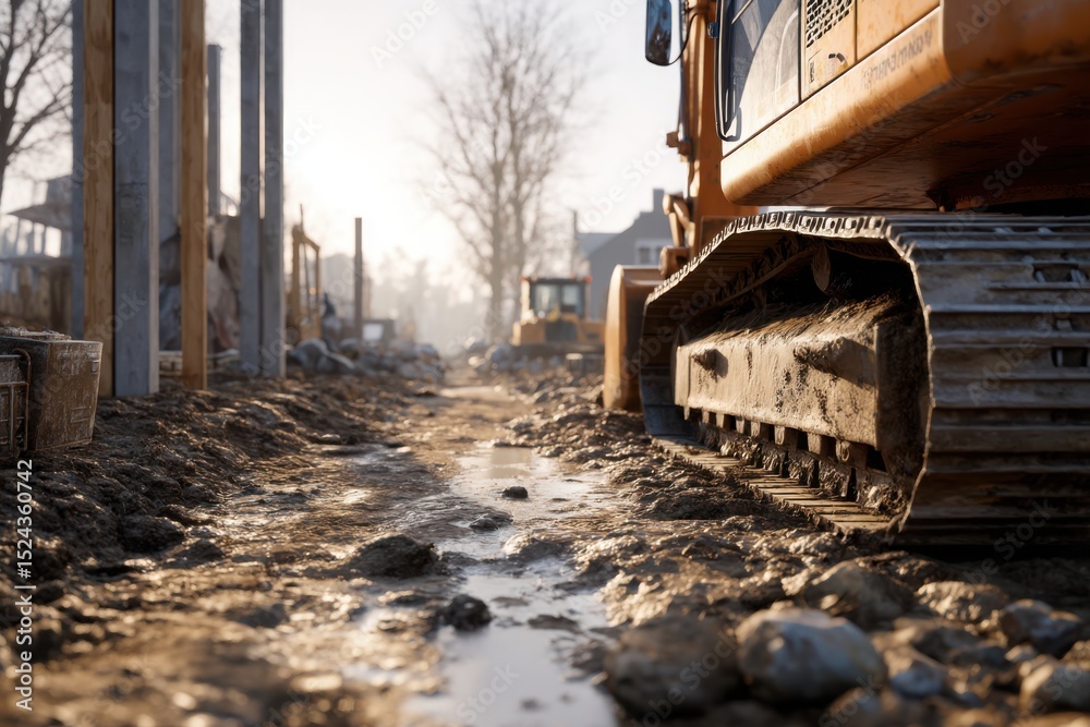 Fototapeta premium Muddy construction site with excavator tracks